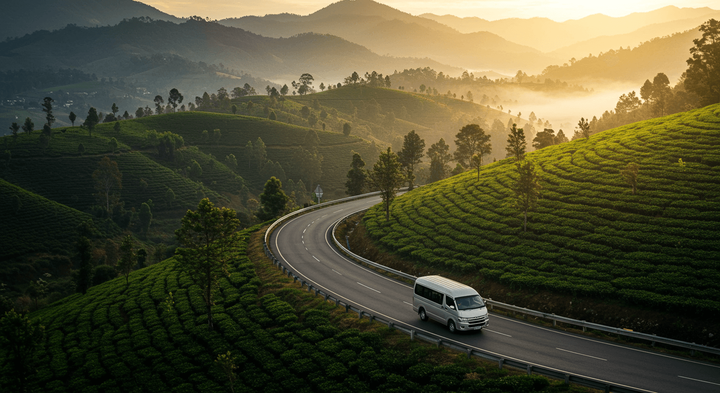 Sri Lanka tea plantations with van on winding road